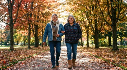 Fototapeta premium Indigenous Elder Women Friends Autumn Park Walk Laughing Foliage