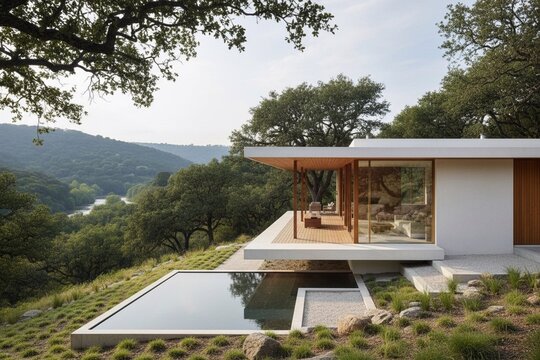 Modern hillside home with pool and view. A contemporary hillside home with glass walls, pool, and terrace overlooking green forest valleys and distant mountains.