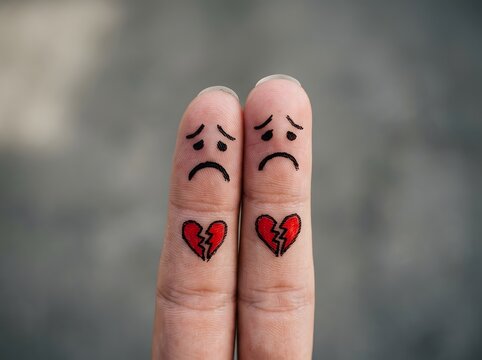 Sad finger hearts with broken love symbol