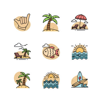 Summer Vacation Icons: Beach, Palm Trees, Surfboard, Sun, Ocean, Relaxing