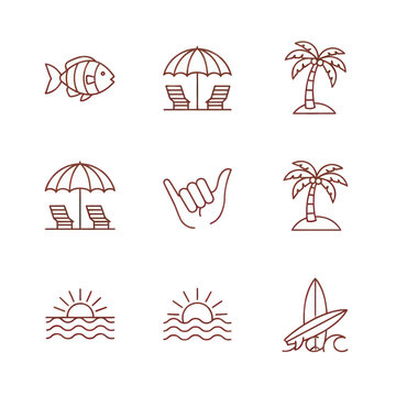 Summer Vacation Icons: Beach, Palm Trees, Surfboard, Sunset, Fish, Shaka Sign