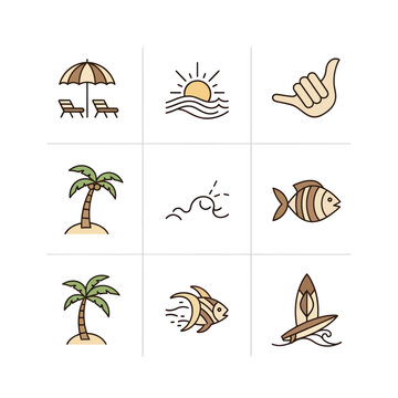 Summer Vacation Icons: Beach, Surf, Palm Tree, Sun, Fish, Shaka Sign