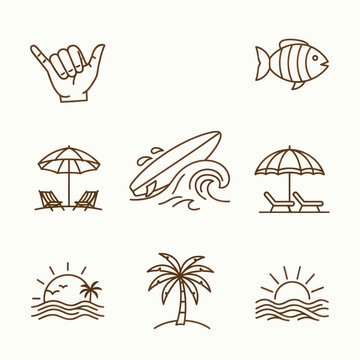 Summer Vacation Icons: Beach, Surf, Palm Tree, Sunset, Fish, Aloha Hand