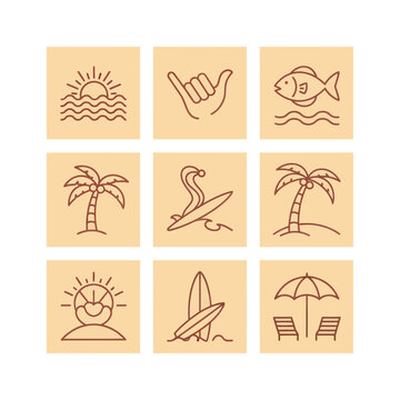 Summer Vacation Icons: Beach, Surf, Palm Trees, Ocean Sunset, Shaka Sign