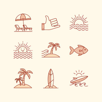Summer Vacation Icons: Beach, Surf, Sun, Island, Fish, Thumbs Up
