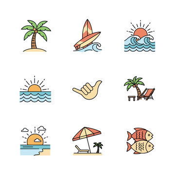Summer Vacation Icons: Beach, Surf, Palm Trees, Sunset, Ocean Waves, Shaka Sign