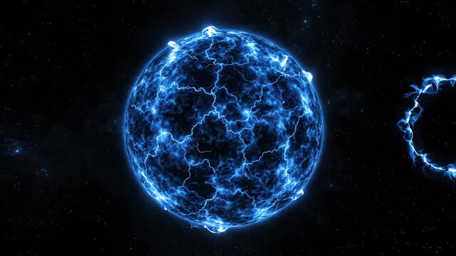 Vibrant glowing energy sphere pulsating with electric blue light and radiating waves of power in a void