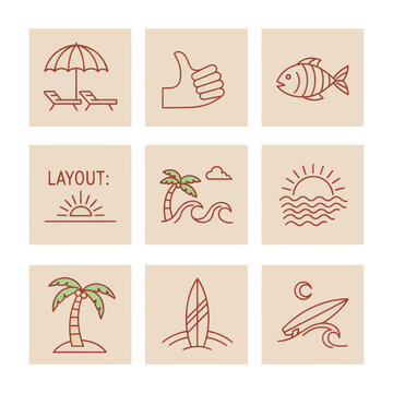 Summer Vacation Icons: Beach, Surf, Sun, Palm Tree, Fish, Thumbs Up