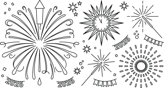 Happy New Year 2026 celebration party line icon set with festive fireworks countdown clock sparklers bunting and confetti
