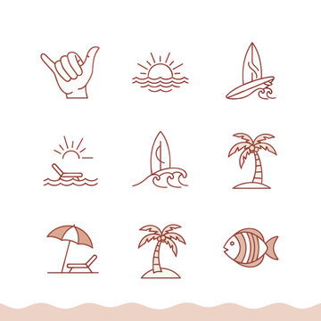 Summer Vacation Icons: Beach, Surf, Sun, Palm Trees, Aloha Gesture, Tropical Island