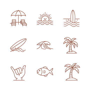 Summer Vacation Icons: Beach, Surf, Sun, Palm Tree, Ocean Wave, Shaka Sign