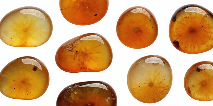 Group of polished amber stones with inclusions visible. Various shapes and sizes of resin gems on white. Natural mineral specimens show internal patterns. Amber collection detail.