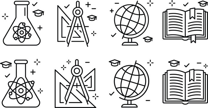 Education and school science line icon set featuring chemistry flask atom math compass drawing triangle globe and book