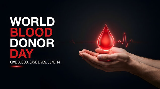 World blood donor day concept with glowing red liquid drop in human hands on dark background