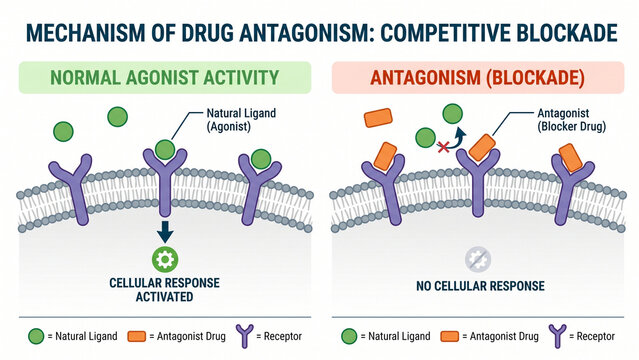 Diagram illustrating the biochemical mechanism of drug antagonism and competitive blockade within a cell membrane showing how natural ligands and antagonist drugs interact with cellular receptors.