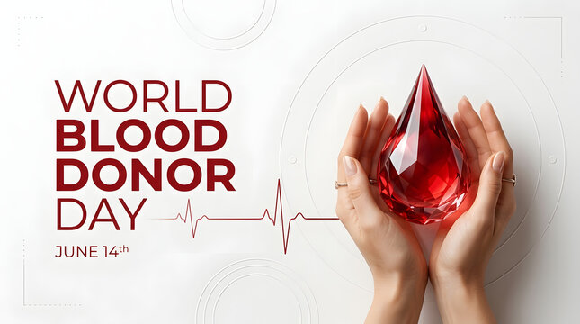 World blood donor day concept with glowing red liquid drop held in hands on white background