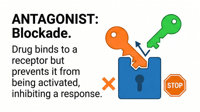 Antagonist blockade diagrams depict a colorful key and lock metaphor to explain how pharmacological molecules inhibit receptor activation and prevent a biological response in cellular systems.