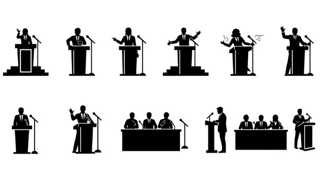 Public Speaker Silhouette Icon Set of 12 with Presentation Stage, Microphone, Conference Speech and Business Seminar Vector Illustration Collection