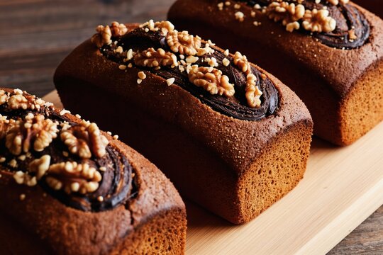 Rectangular loaves of chocolate babka topped with walnuts and chocolate filling sit on a wooden board. Rich baked goods are ready for serving as a breakfast or dessert treat.