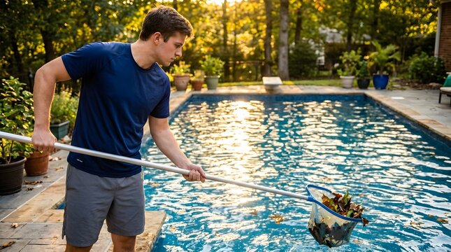 Young man cleaning debris from backyard swimming pool using skimmer net at golden hour sunset light.