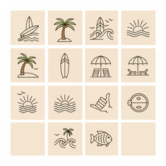 Obraz premium Summer Beach Icons: Surfboard, Palm Tree, Sun, Waves, Beach Chairs, Fish