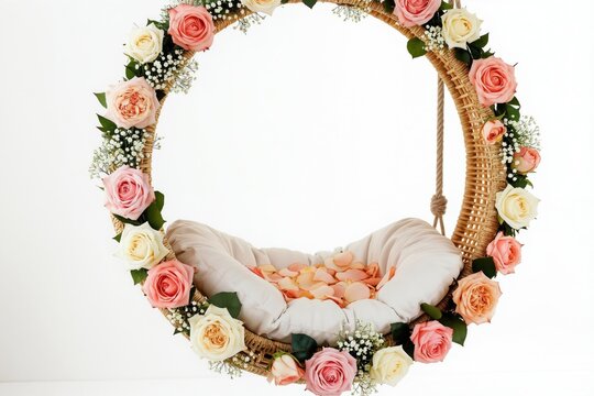 Empty floral swing cradle with roses and petals for newborn photo studio. Wicker hanging round nest features soft cushion, pastel colors. Perfect baby prop.