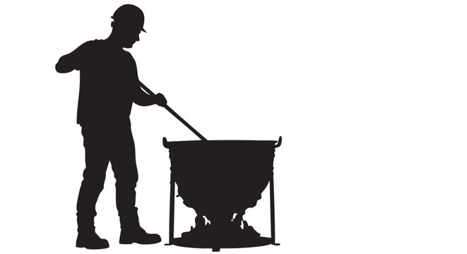 Black silhouette construction worker stirring large metal pot outdoors ladle