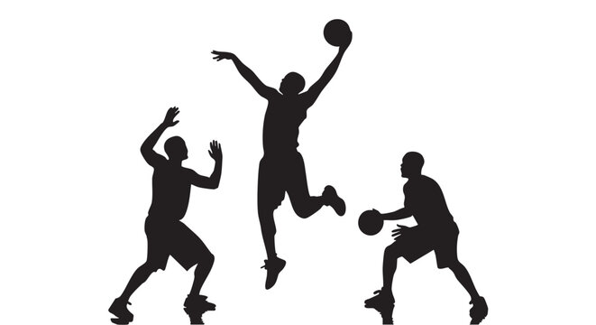 Black silhouette basketball players jumping and dunking on court basketball hoop