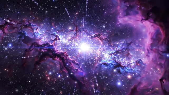 Cinematic deep space nebula with vibrant purple and blue cosmic clouds and twinkling stardust moving through the galaxy