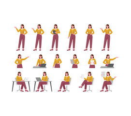 Fototapeta premium Business Woman Character Poses Collection with Office Work, Presentation and Laptop Vector Illustration Set