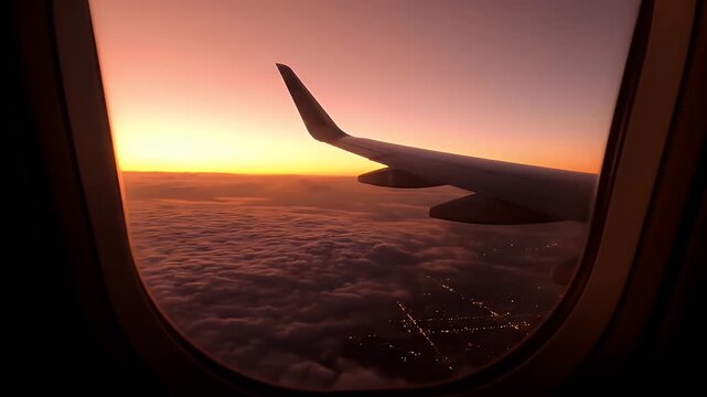 Airplane wing sunset view through a passenger window over a thick blanket of clouds.