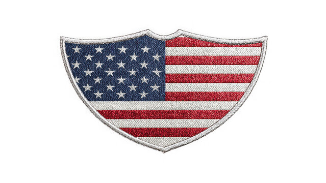 Embroidered shield patch with american flag pattern featuring detailed texture and stitched borders on transparent background