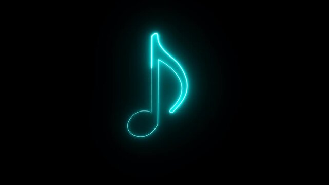 Music note single eighth symbol blue neon glow line trail animation, musical icon, level music symbol on transparent background or black background
