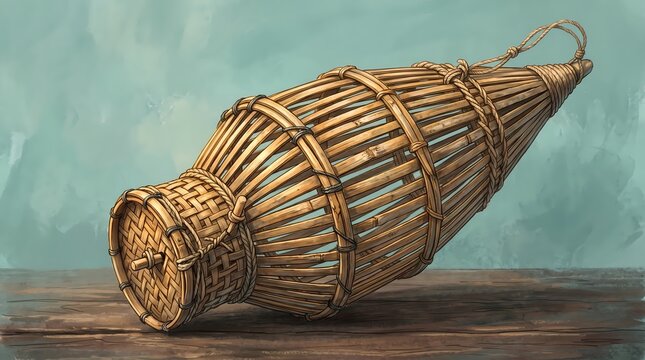 Illustration of a traditional handmade fish trap crafted from woven bamboo, resting on a wooden surface against a teal background.