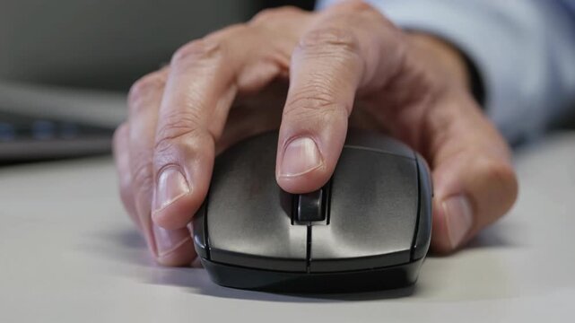 Close-up of a person's hand using a computer mouse for digital work and online browsing