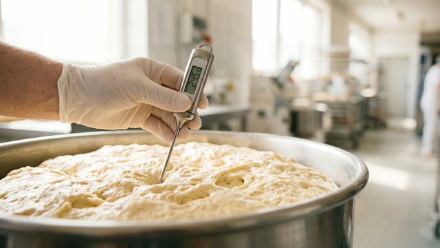 Baker checking temperature of rising dough in large metal bowl within commercial kitchen, ensuring quality control for bread making.