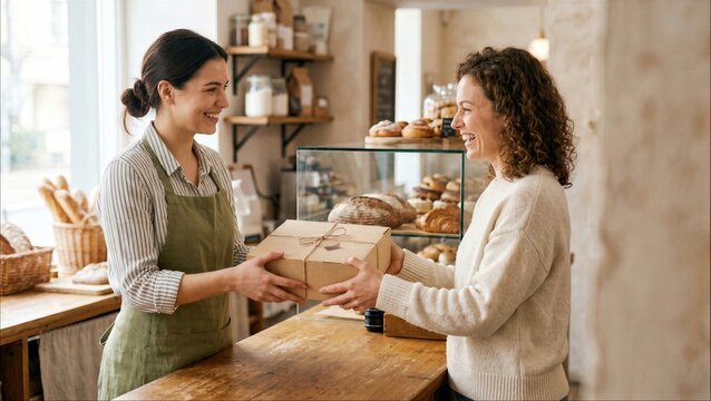Bakery assistant handing packaged box to smiling customer in rustic artisanal shop, small business service.