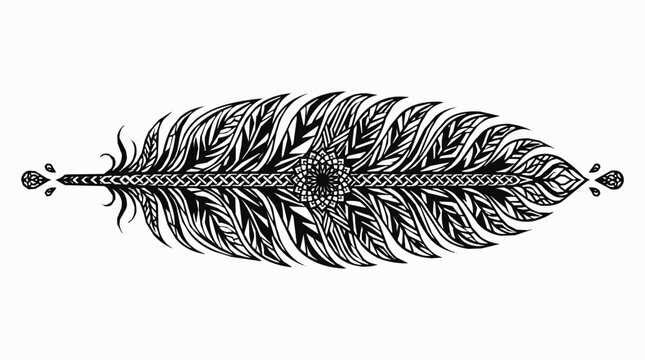 Intricate Feather with Mandala Centerpiece and Tribal Boho Ethnic Patterns for Spiritual Decorative Design