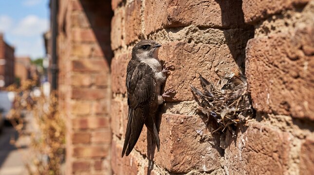 Young common swift nestling clinging to a brick wall near its nest.