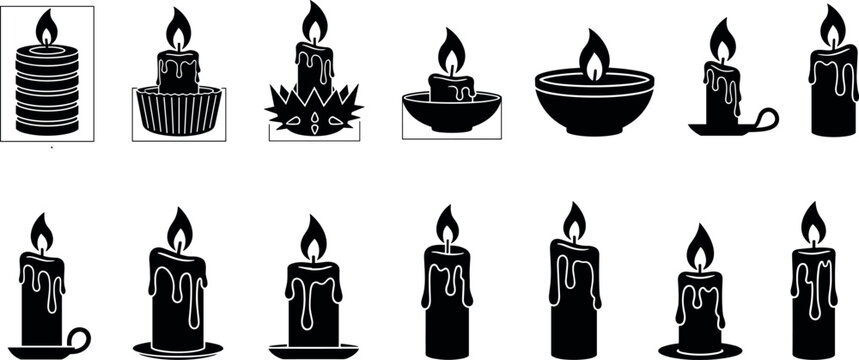 Vintage textured candle vector icon set featuring burning wax pillars melting drips and holder stands in black silhouette style for cozy design