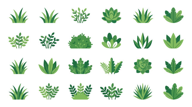 Plants represented as stylized green icons are organized in a grid to provide a clean visual library for design.