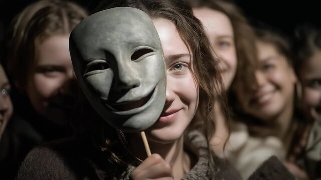 Woman smiling while holding a white face mask, symbolizing hidden emotions, social identity, authenticity, and the contrast between outward appearance and inner feelings.