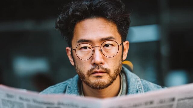 Asian office worker reading a newspaper, with facial expression changing from neutral to a smile after discovering good news, representing optimism, success, opportunity, and positive business updates