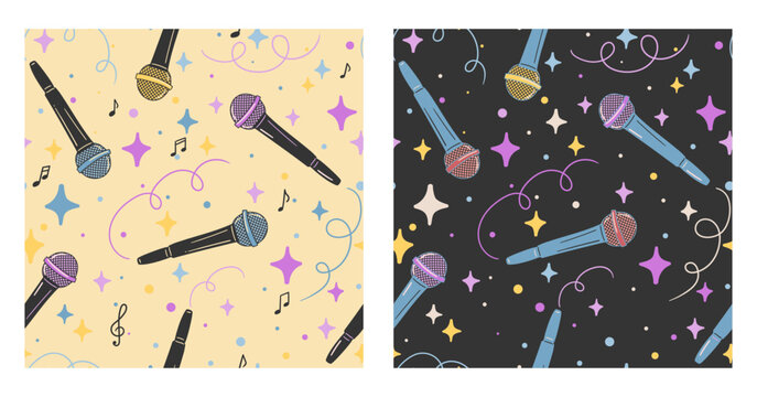 Hand-Drawn Microphone Seamless Pattern Set