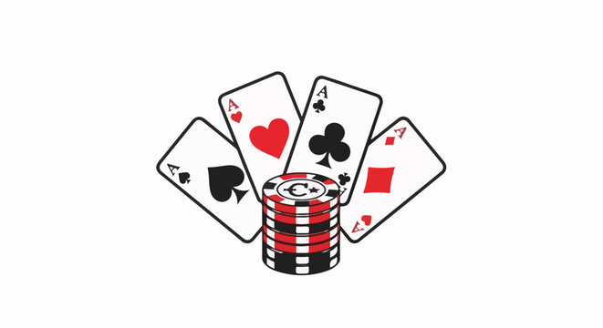 A stack of casino chips sits in front of four playing cards