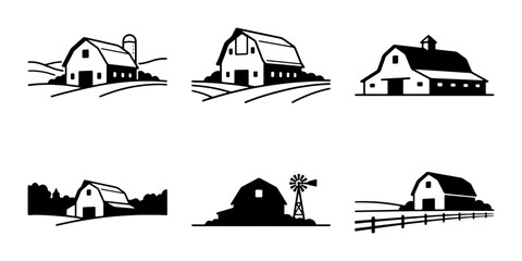 Farm Barn Silhouettes, Rural Landscape Icons, Agricultural Building Vector Graphics © Beauty