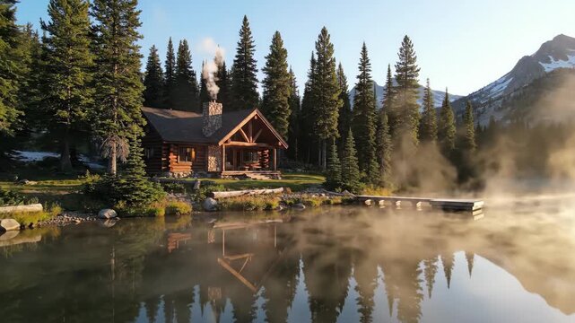 Rustic cabin by lake, surrounded by misty morning forest and distant mountains, reflecting on water