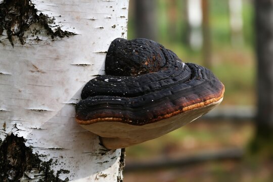 Chaga mushroom grows on a white birch tree trunk. Black woody fungus attached to living tree bark. Used for making herbal tea and natural remedies.