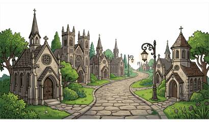 Set of ancient Gothic style churches with domes, crosses, windows and street lamps in vintage cartoon architecture illustration vector design © MstLutfa