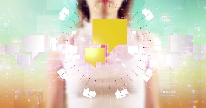 Young Female touching futuristic screen with glowing chat message balloon. Technology Related 3D Symbol Animations.
